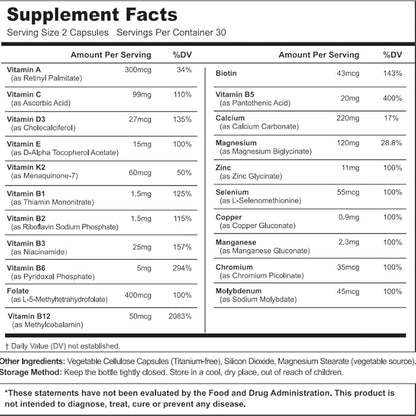 21 Vitamins &Minerals All-in-One Support, Multivitamin, Vitamin A, K2, D3,. Calcium, Zinc, Made in USA 20 Capsules
