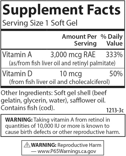Carlson - A & D, 10000 IU (3000 mcg RAE) Vitamin A, 400 IU (10 mcg) Vitamin D3, Vision Support, Skin Health, 300 Soft Gels