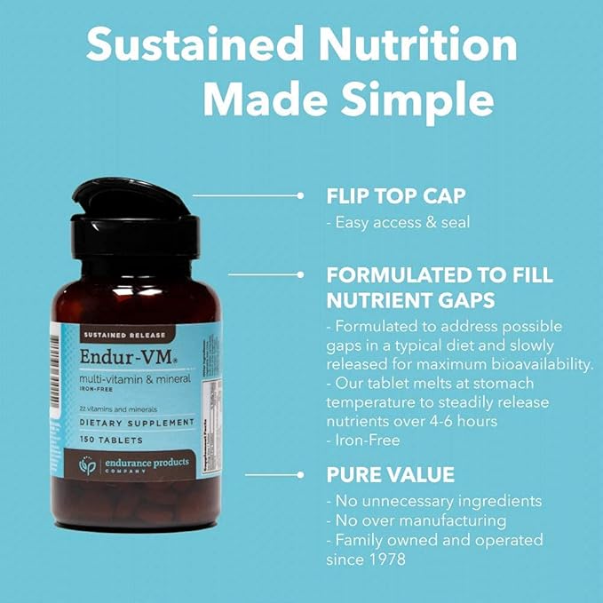 ENDUR-VM - Without Iron – Sustained-Release Daily Multi-Vitamin - Vitamin A, Vitamin C, Vitamin D, Vitamin E, Vitamin B12 - Zinc for Immune Health Support + Calcium & More - 150 Tablets
