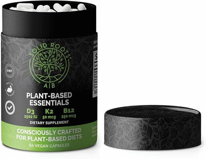 SOLID ROOTS Vegan Vitamin D3 + K2 +B12 for Bones, Heart, Skin, Teeth Plant-Based Multivitamin Essentials