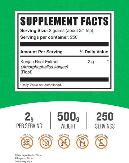 BulkSupplements.com Glucomannan Powder - Konjac Root Extract Powder, Fiber Supplement Powder, Konjac Powder - Gluten Free, 2g per Serving, 500g (1.1 lbs) (Pack of 1)