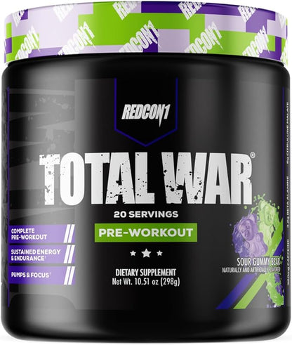 REDCON1 Total War Pre Workout Powder, Sour Gummy Bear - Fast Acting Caffeinated Preworkout for Men + Women with Beta Alanine - Contains Citrulline Malate for Increased Pump, Blood Flow (20 Servings)