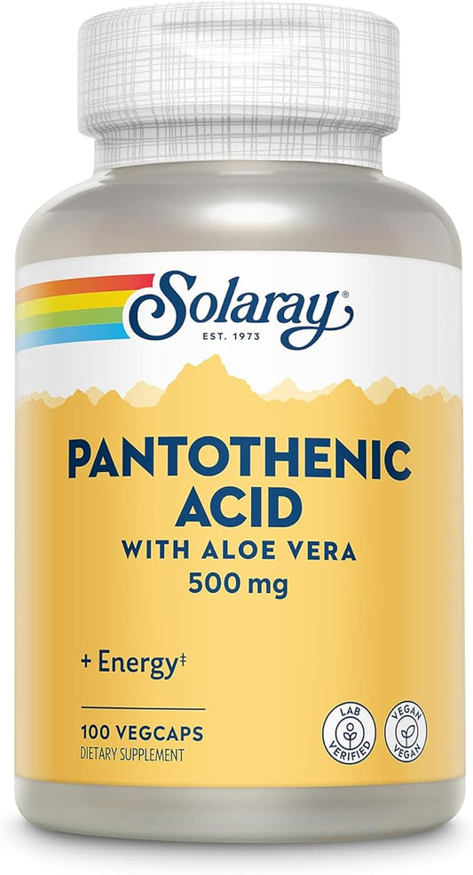 Solaray Pantothenic Acid 500mg - Vitamin B 5 for Coenzyme-A Production and Energy Metabolism, Hair, Skin, and Nails Support - Vegan, Lab Verified, 60-Day Guarantee - 100 Servings, 100 VegCaps