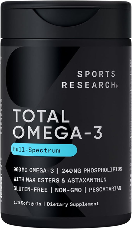 Sports Research Total Omega-3 Fish Oil from Wild Sockeye Salmon, Alaska Pollock, Antarctic Krill, Astaxanthin + Phospholipids & Wax Esters for Absorption | 960mg of EPA & DHA - Fresh Lemon Scent (120