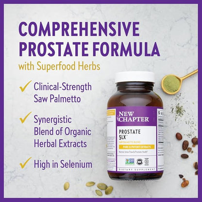 New Chapter Prostate Supplement - Prostate 5LX™ with Clinical Strength Saw Palmetto + Fermented Selenium for Prostate Health - 60 ct Vegetarian Capsule