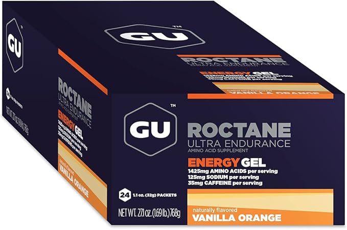 GU Energy Roctane Ultra Endurance Energy Gel, Vegan, Gluten-Free, Kosher, and Dairy-Free On-The-Go Sports Nutrition for Running, Biking, Hiking or Skiing, Vanilla Orange (24 Packets)