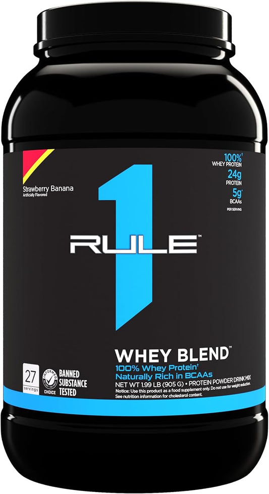 Rule One Proteins, R1 Whey Blend - 24g Fast-Acting Whey Protein Concentrates, Isolates, and Hydrolysates Per Serving, with Naturally Occurring EAAs and BCAAs (2 Pounds*, Strawberry Banana)