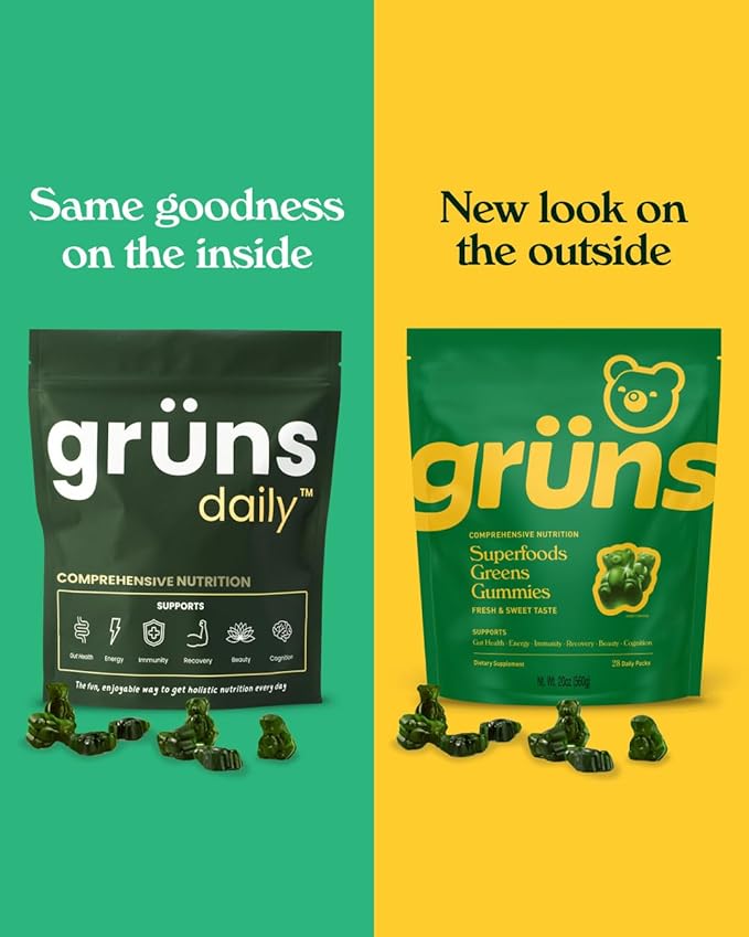 Gruns Adults Super Greens Gummies, Superfood Gummy Bears with Spirulina, Chlorella & Prebiotics for Digestive Health - Adaptogens Supplement with 20 Vitamins & Minerals, Low Sugar- 1 Month Supply