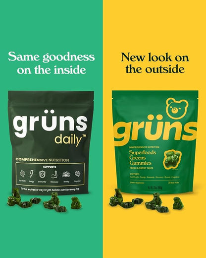 Gruns Adults Super Greens Gummies, Superfood Gummy Bears with Spirulina, Chlorella & Prebiotics for Digestive Health - Adaptogens Supplement with 20 Vitamins & Minerals, Low Sugar- 1 Month Supply