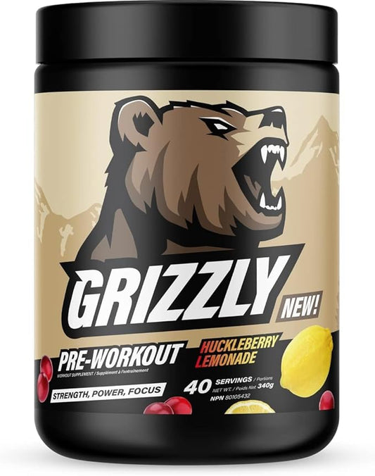 GRIZZLY Pre Workout Powder for Men & Women - Essential Aminos L-Citrulline & Beta Alanine Plus Caffeine - Preworkout Energy Drink Mix for Intense Power Focus & Pump, Huckleberry Lemonade - 40 Servings