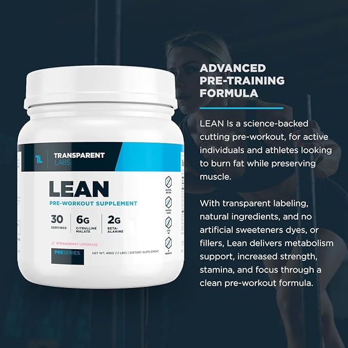 Transparent Labs Lean Pre-Workout - Body Recomposition Pre Workout for Men and Women with Acetyl L-Carnitine, Beta Alanine Powder, & PurCaf Organic Caffeine Powder - 30 Servings, Blue Raspberry