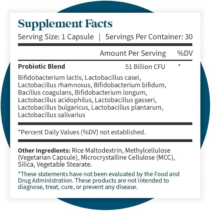 Pattern Wellness Probiotic Supplement - 51 Billion CFU - Promotes Healthy Gut Flora - Maintains Digestive Balance & Boosts Immune Health - All Natural, Non-GMO - 60 Vegan Capsules