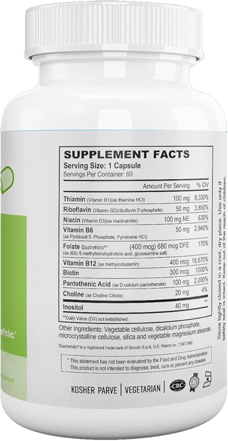 Nutri Supreme Ultimate B Complex, Highly Absrobable Essential B Vitamins with Methylfolate to Support Nervous System Function, 60 Capsules