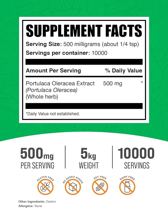 BulkSupplements.com Purslane Extract Powder - Portulaca Oleracea Extract, Purslane Supplements - Supplementation, Pack of 1 - Gluten Free, 500mg per Serving, 5kg (11 lbs)
