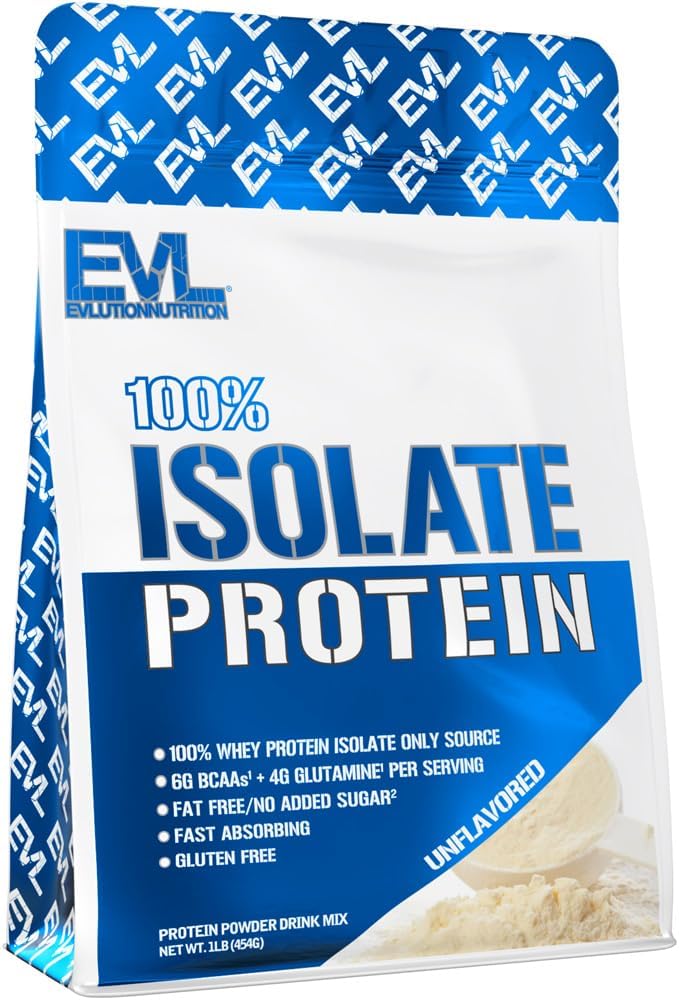 Evlution Nutrition 100% Isolate, Whey Isolate Protein Powder, 25 G of Fast Absorbing Protein, No Sugar Added, Low-Carb, Gluten-Free (Unflavored, 1 LB)