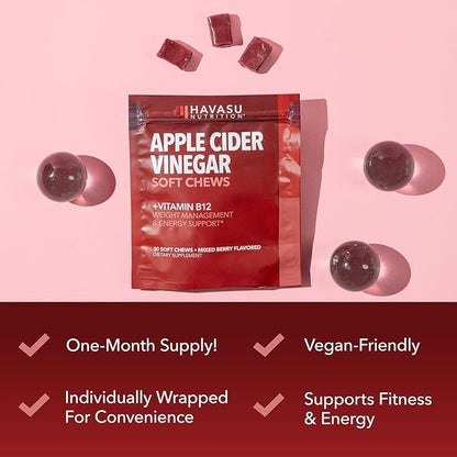 Apple Cider Vinegar Chews - Apple Cider Vinegar Supplements for Energy Management - Enhanced with Vitamin B12 and Folate - ACV Chews - 1 Month Supply Individually-Wrapped Chews