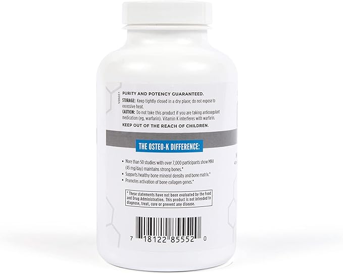 NBI Osteo-K Bone Support | Vitamin D & K Complex with Calcium Citrate Supplement | 45mg Vitamin K2 (MK4) for Strong Bone Health & Function | 180ct Veggie Capsules