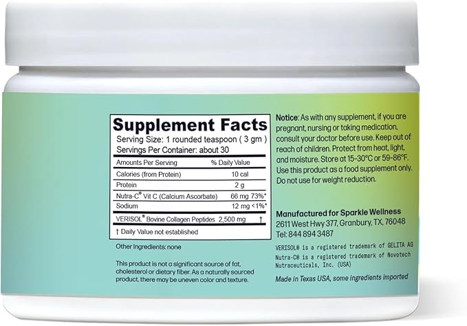 Sparkle Skin Boost No Flavor Verisol Collagen Peptides Protein Powder Vitamin C Supplement Drink, 2.8oz