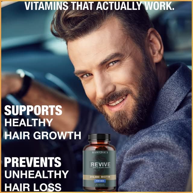 Hair Vitamins for Men Beard Growth MSM Powder Saw Palmetto Hairtonica | Extra Strength 315,000 mcg Biotin Keratin Collagen | May Help Support Hair Loss Greying & Thinning | 60 ct