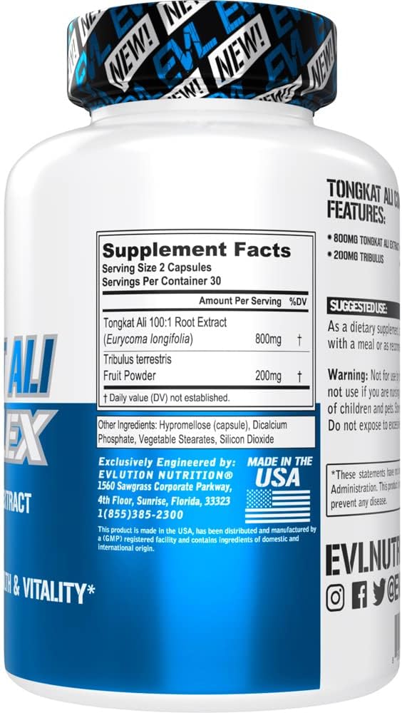 Evlution Nutrition Tongkat Ali - Men’s Health + Vitality Supplement - 800mg Tongkat Ali + 200mg Tribulus - Performance Support - Vegan + Gluten Free Capsules - 30 Servings
