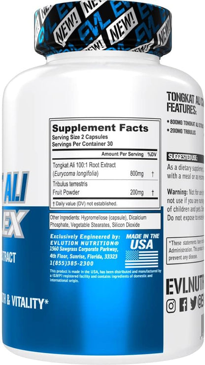 Evlution Nutrition Tongkat Ali - Men’s Health + Vitality Supplement - 800mg Tongkat Ali + 200mg Tribulus - Performance Support - Vegan + Gluten Free Capsules - 30 Servings
