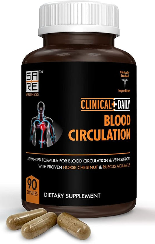 Clinical Daily Blood Circulation Supplements. Butchers Broom, Horse Chestnut, Hawthorn, Cayenne, Arginine, Diosmin Varicose Veins Treatment for Legs. Poor Circulation and Vein Support. 90 Capsules.