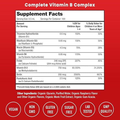 Vitamin B Complex for Kids | B1, B2, B3, B6, B7, B9 & Methyl B12 | Kids B Complex Liquid Drops Supplement | Energy, Focus, Metabolism | Vegan & Non-GMO | Natural Berry | 120 Servings | 4 Month Supply