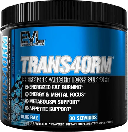 Evlution Thermogenic Fat Burning Support Powder Nutrition Trans4orm Fast Acting Energy Powder to Support Fast Metabolism Weight Loss and Mental Focus with CLA Carnitine and Alpha GPC - Blue Raz