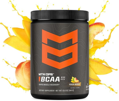 MTN OPS BCAA 2:1:1 Amino Acids Supplement Powder for Rapid Muscle Recovery & Repair with Zero Sugar & Gluten Free (30-Serving Tub, Peach Mango)