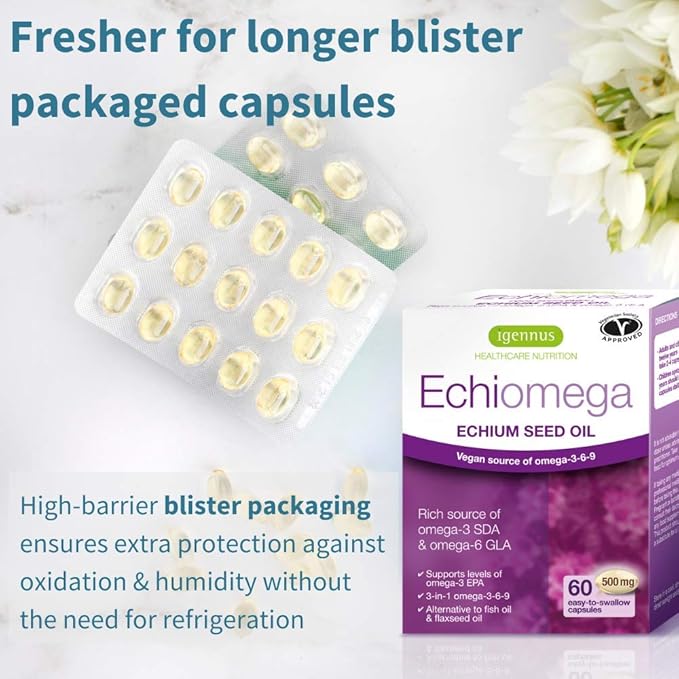 Echiomega Vegan Triple Omega 3 6 9 500 mg, Echium Seed Oil, EFA Supplement for Women with GLA, 60 Softgels