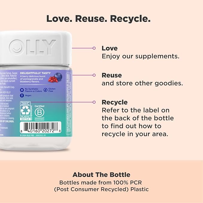 OLLY Chill Thinker Brainy Chews, Plus L-Theanine, Magnesium & Omega-3 for a Relaxed State of Mind, Pomegranate Blueberry Flavor, 20 Count