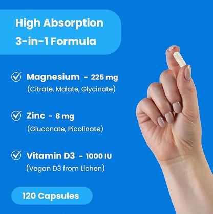 NutraChamps Magnesium Zinc & Vitamin D3 Supplement - Most Bioavailable Forms; Magnesium Glycinate, Malate, Citrate - Bone, Muscle & Heart Health, Immune Support - 120 Vegan Capsules