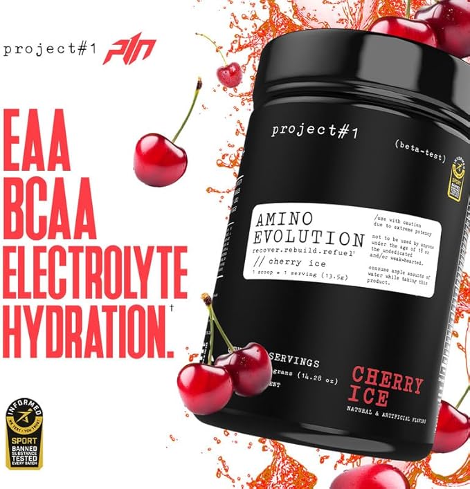 Project #1 AminoEVolution: Muscle Support & Recovery | BCAA's, EAA's, Electrolytes Powder | Keto-Friendly Energy Boost | Pre Workout for Men & Women | 30 Servings - Cherry Ice | Amino Acids