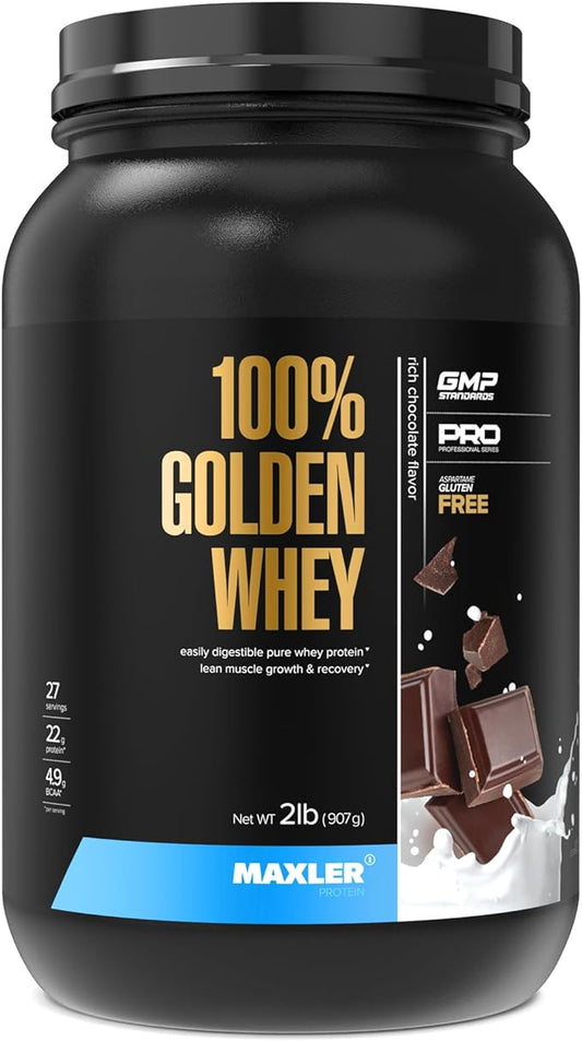 Maxler 100% Golden Whey - 22g of Protein per Serving - Premium 100% Whey Protein Powder, High Protein, Low Fat, Low Carb, Complete Amino Acid Profile - Rich Chocolate Protein 2 lbs