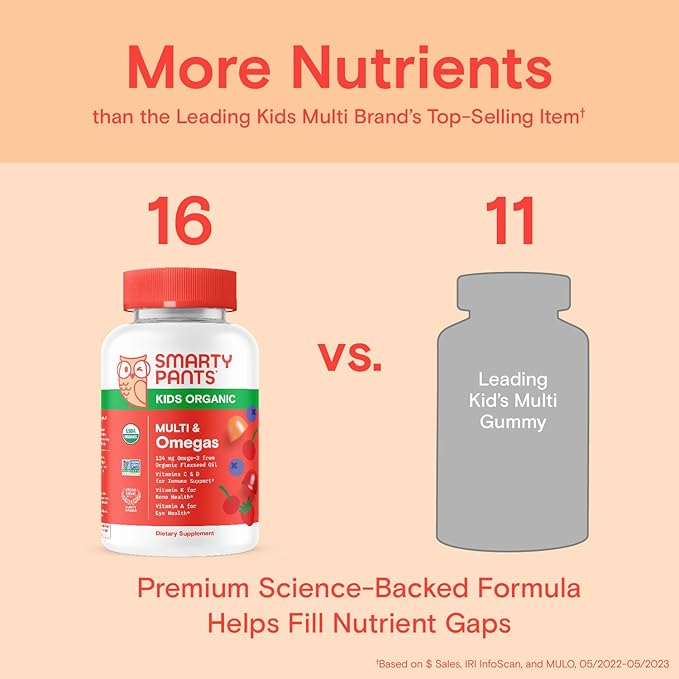 SmartyPants Organic Kids Multivitamin Gummies: Omega 3 (ALA), Vitamin D3, C, Vitamin B12, B6, Vitamin A, K & Zinc for Immune Support, Vegetarian, Three Fruit Flavors, 120 Count (30 Day Supply)