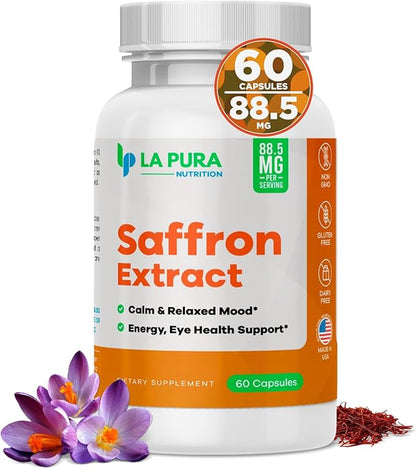 LaPura Pure Saffron Extract 88.5 mg Supplement, 60 Capsules – Natural Mood & Energy Booster, Eye & Heart Health - Non-GMO, Gluten-Free, Made in USA