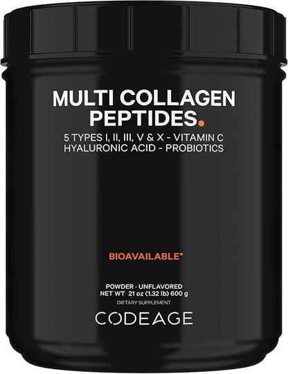 Codeage Multi Collagen Peptides + Probiotics Black Edition, Vitamin C, Hyaluronic Acid Powder Supplement, Grass-Fed, Pasture-Raised, Hydrolyzed, Zero Carbs, Type I, II, III, V & X, Unflavored, 21oz