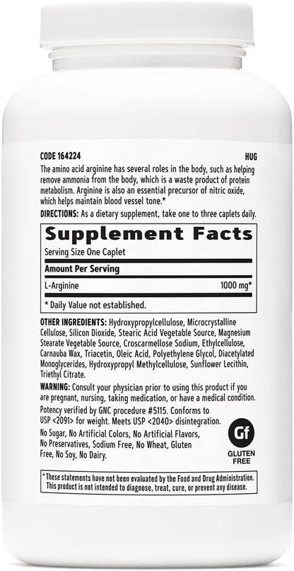 GNC L-Arginine 1000mg, 180 Caplets, Increases Nitric Oxide Production