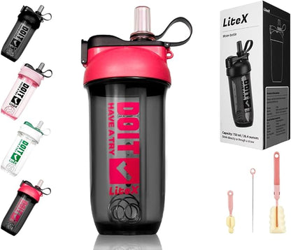 Litex Shaker Bottles for Protein Shakes, 26oz Blender Shaker Bottle for Pre-Workout,Shaker Cups with Straw, BPA-free Tritan Mixer Bottles for Protein Powder,with Cup Brush and Instructions (Rose red)