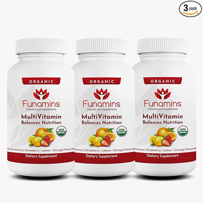 Organic Gummy MultiVitamins, 3-Pack, 60 Count Each; Blend of 11 Essential Nutrients, for Kids and Adults, Vegan, Assorted Strawberry, Lemon, Orange Flavors