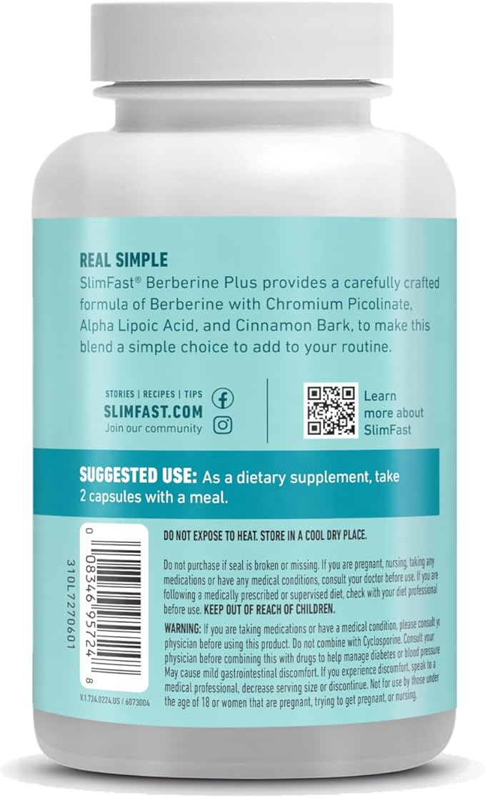 SlimFast Berberine Plus Capsules, Berberine Supplement, with Berberine hcl, Chromium Picolinate, Alpha Lipoic Acid, and Cinnamon Bark, 60 Count, 30 Servings