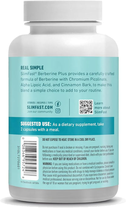 SlimFast Berberine Plus Capsules, Berberine Supplement, with Berberine hcl, Chromium Picolinate, Alpha Lipoic Acid, and Cinnamon Bark, 60 Count, 30 Servings