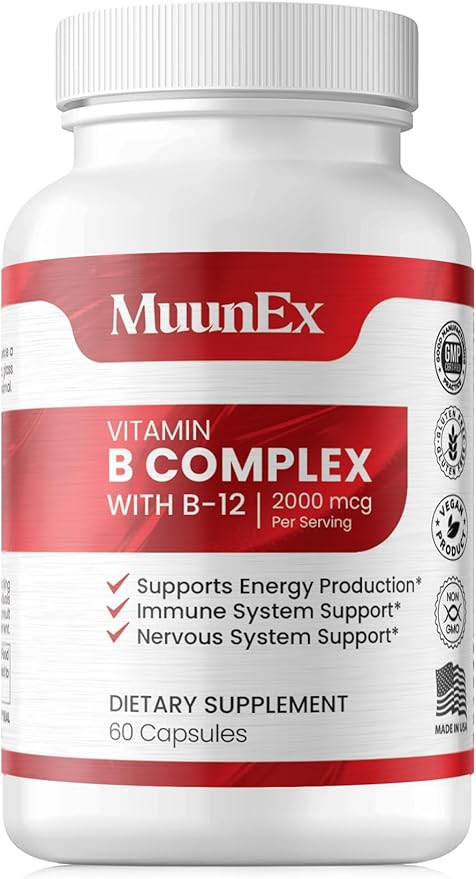 B-Complex, Vitamin B1 B2 B3 B6 B12, New Formula for Max Vitality & Sustained Energy Support,Energy Boost, Nervous System Support, with Vitamin C, Choline, Folate, 60 Capsules