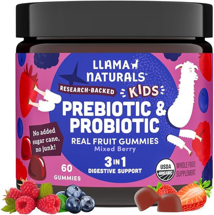 Llama Naturals Prebiotics and Probiotics for Kids, Real Fruit Gummy Vitamins, Probiotic Gummies with Prebiotic Fiber for Gut Health Support, No Sugar Added, Mixed Berry, 60 Ct (30-60 Day Supply)