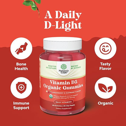 Organic Vitamin D Gummies for Adults - Daily Immune Support Gummies with Vegan Vitamin D3 2000IU - USDA Organic Vitamin D3 Gummies for Adults Wellness - Non GMO Gluten Free - 1 Month Supply