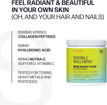 Sparkle Wellness Skin Boost Plus (Acai Lemonade) [30-Serves] | Collagen Powder Supplement with VERISOL Bioactive Hydrolyzed Collagen Peptides, Vitamin C & Hyaluronic Acid to Improve Skin Elasticity