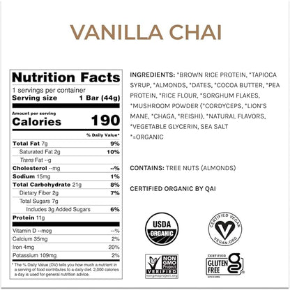 Organic Functional Mushroom Protein Bars | Full Dose (1500mg) Lions Mane, Chaga, Reishi & Cordyceps Bars | Vegan Protein Bars, Adaptogens, Superfoods Protein Bars | Vanilla Chai Flavor