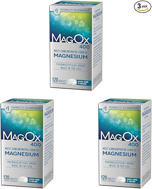 Mag-Ox Magnesium Supplement, Pharmaceutical Grade Magnesium Oxide 483mg, Most Concentrated Form of Magnesium, 120 Tablets (Pack of 3)