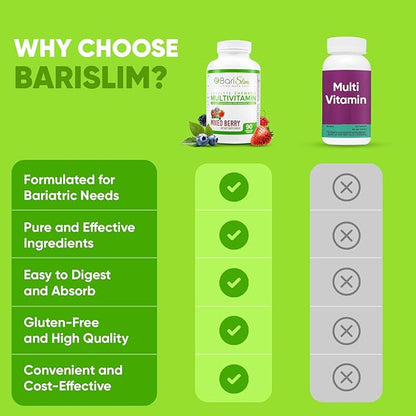 BariSlim Complete Chewable Bariatric Multivitamin Tablets - 45 mg Iron - Bariatric Vitamin & Supplement for Post Bariatric Surgery Including Gastric Bypass & Gastric Sleeve | Mixed Berry (90 Count)