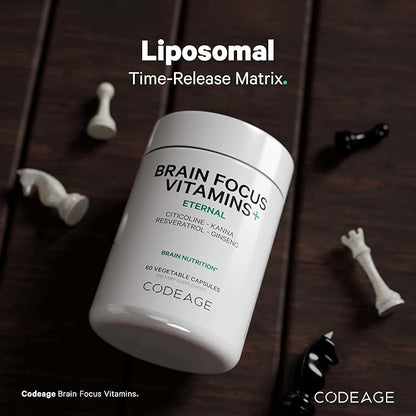 Codeage Brain Focus Vitamins+ Nootropic Supplement with Citicoline as Cognizin, Panax Ginseng, Resveratrol, Gotu Kola, Vitamin B12 Methylcobalamin - Liposomal Delivery - Non-GMO - 60 Capsules